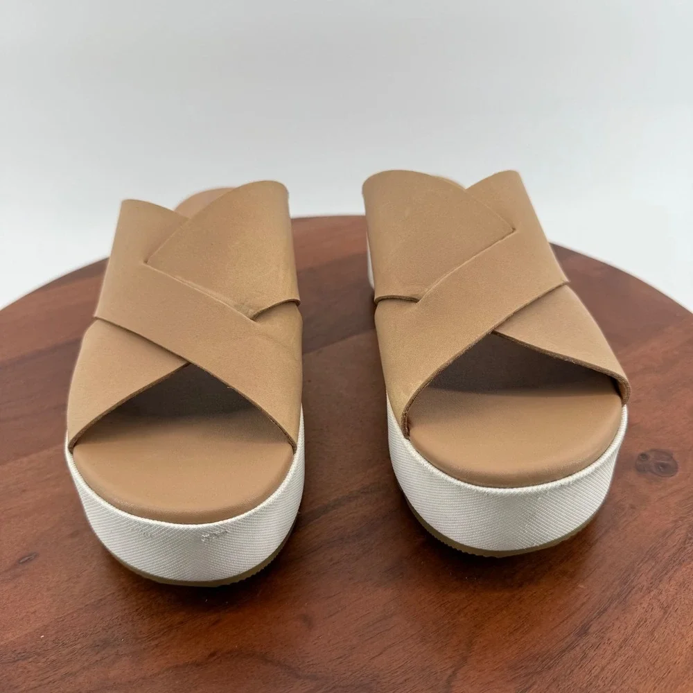 Sorel Cameron Flatform Slide Womens Beige‎ Leather Cross Strap Summer Sandals 9